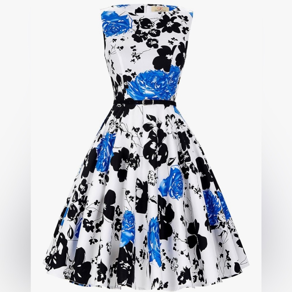 NWT Grace Karin Retro Fit & Flare Floral Midi Dress - Black, Blue, White